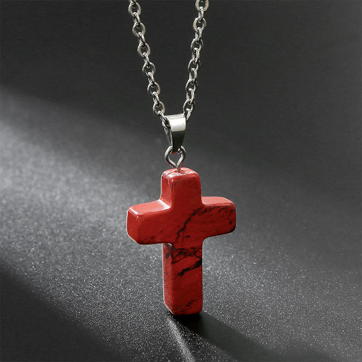Necklace with Cross of Natural Gemstones - Seraphina-Red Jasper-Nora Luxe