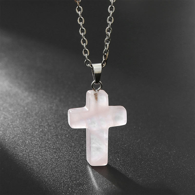 Necklace with Cross of Natural Gemstones - Seraphina-Rose quartz-Nora Luxe