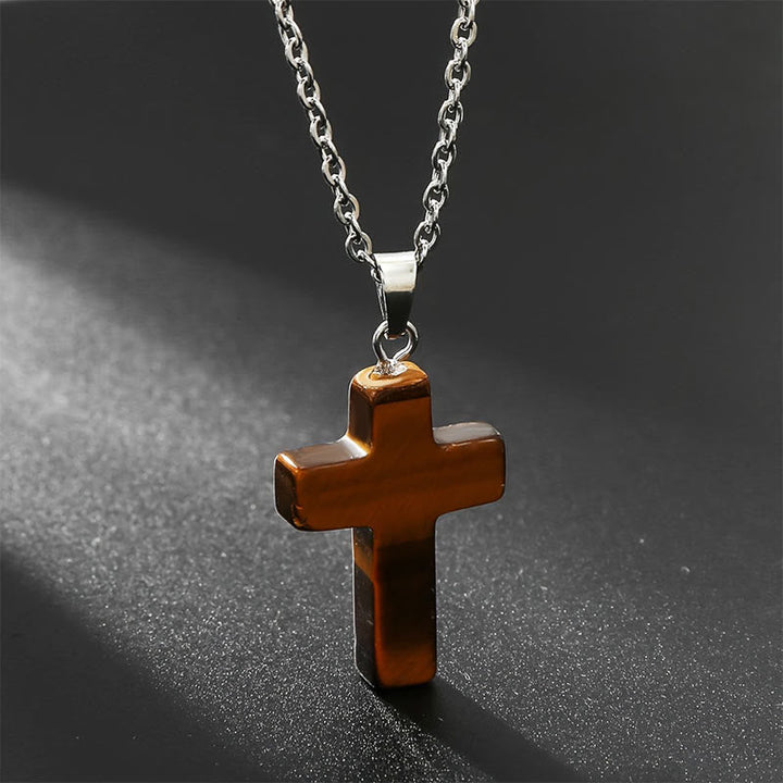 Necklace with Cross of Natural Gemstones - Seraphina-Tiger's eye-Nora Luxe