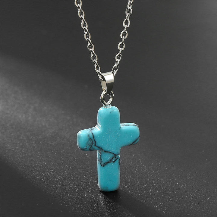 Necklace with Cross of Natural Gemstones - Seraphina-Turquoise-Nora Luxe