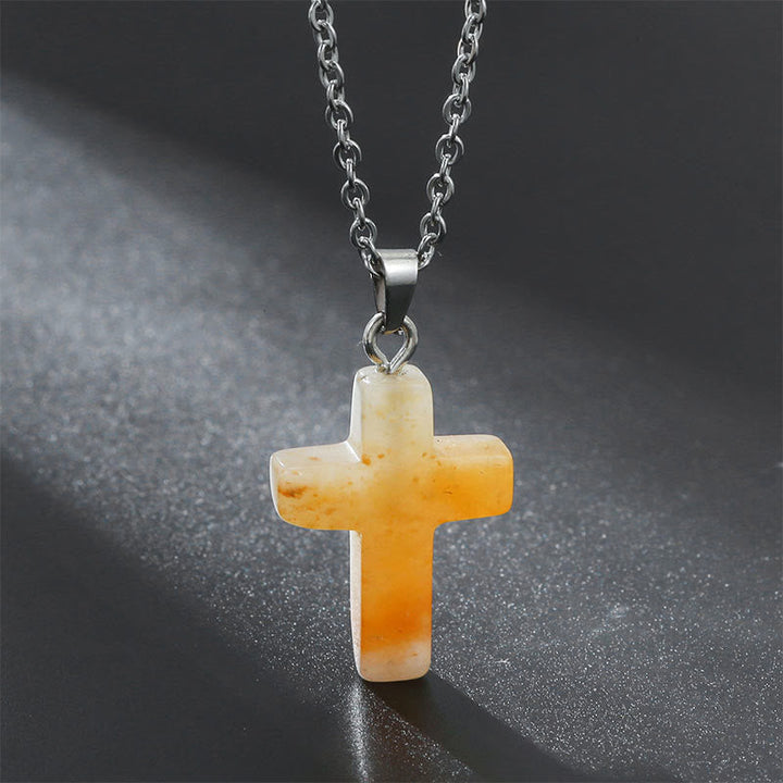 Necklace with Cross of Natural Gemstones - Seraphina-Yellow aventurine-Nora Luxe