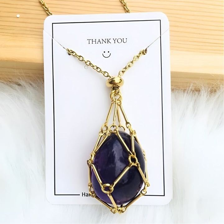 Necklace with Crystal Holder Pendant - CrystalGuard-Gold-Amethyst-Nora Luxe
