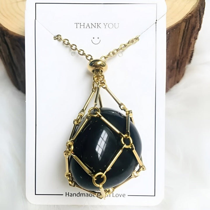 Necklace with Crystal Holder Pendant - CrystalGuard-Gold-Black Onyx-Nora Luxe