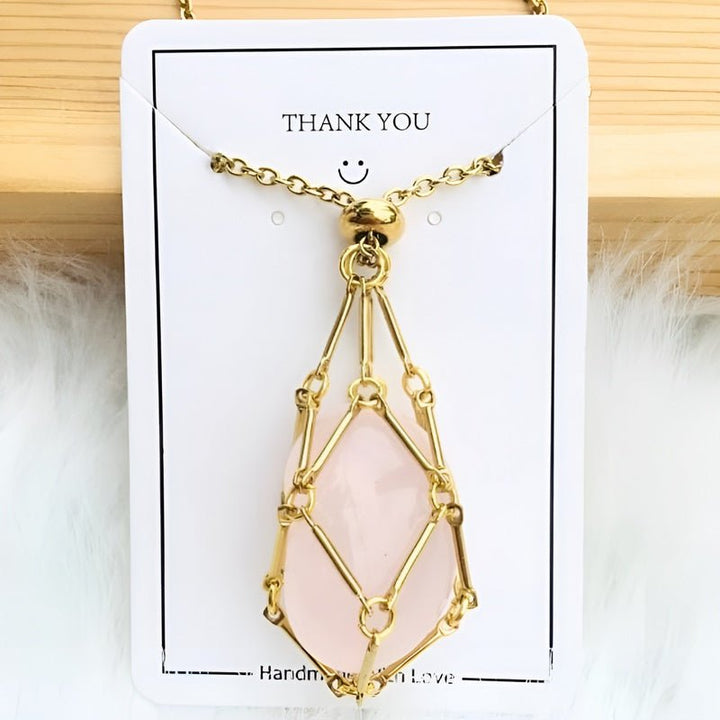 Necklace with Crystal Holder Pendant - CrystalGuard-Gold-Rose quartz-Nora Luxe