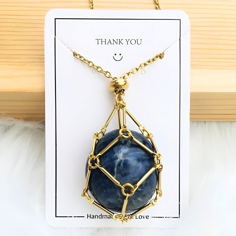 Necklace with Crystal Holder Pendant - CrystalGuard-Gold-Sapphire-Nora Luxe