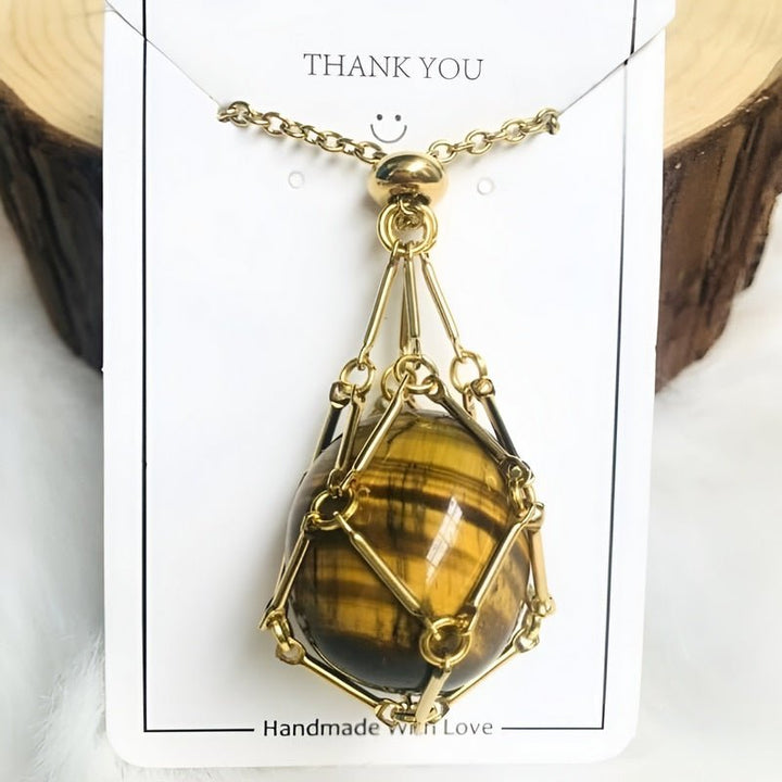 Necklace with Crystal Holder Pendant - CrystalGuard-Gold-Tiger's eye-Nora Luxe