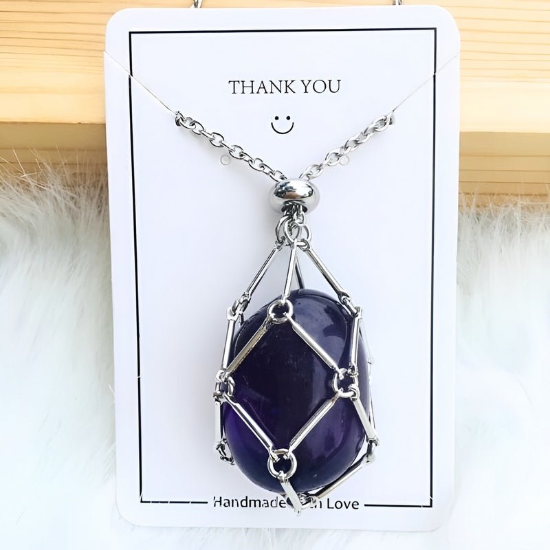 Necklace with Crystal Holder Pendant - CrystalGuard-Silver-Amethyst-Nora Luxe