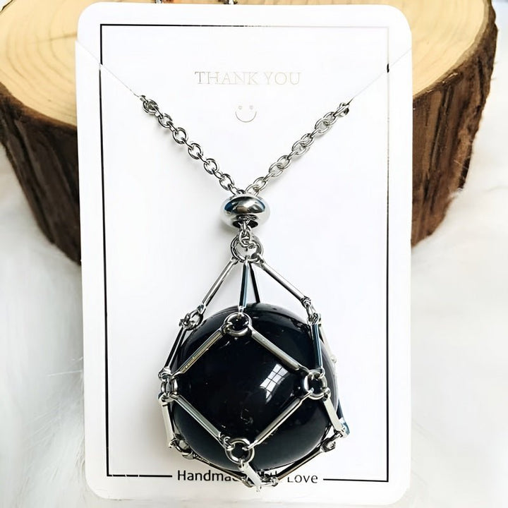 Necklace with Crystal Holder Pendant - CrystalGuard-Silver-Black Onyx-Nora Luxe
