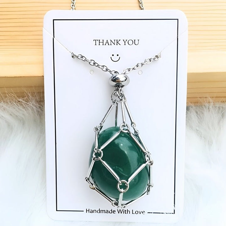 Necklace with Crystal Holder Pendant - CrystalGuard-Silver-Emerald-Nora Luxe