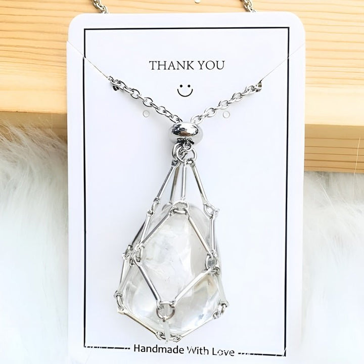Necklace with Crystal Holder Pendant - CrystalGuard-Silver-Moonstone-Nora Luxe
