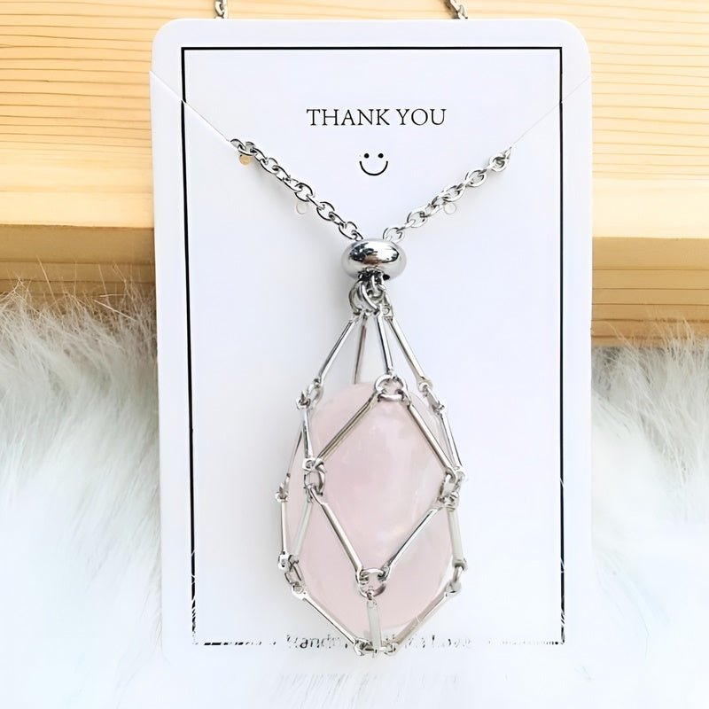 Necklace with Crystal Holder Pendant - CrystalGuard-Silver-Rose quartz-Nora Luxe