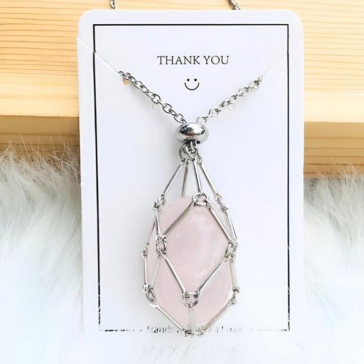 Necklace with Crystal Holder Pendant - CrystalGuard-Silver-Rose quartz-Nora Luxe