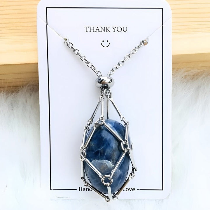 Necklace with Crystal Holder Pendant - CrystalGuard-Silver-Sapphire-Nora Luxe