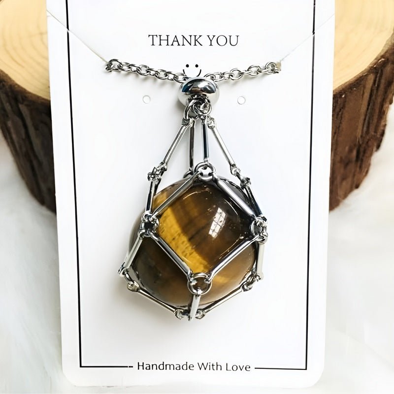 Necklace with Crystal Holder Pendant - CrystalGuard-Silver-Tiger's eye-Nora Luxe