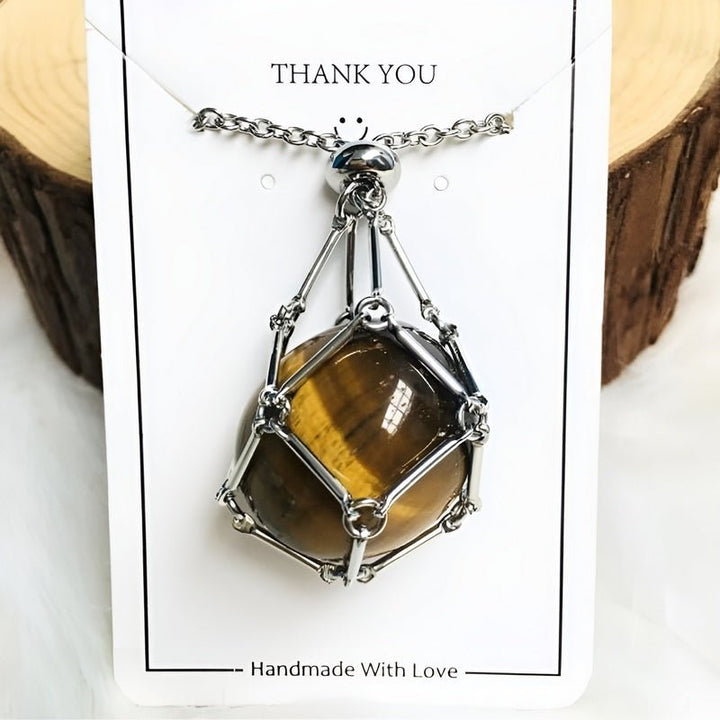 Necklace with Crystal Holder Pendant - CrystalGuard-Silver-Tiger's eye-Nora Luxe