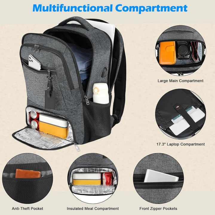 Waterproof Laptop & Lunch Backpack with USB Port – Multi-Compartment Travel Bag