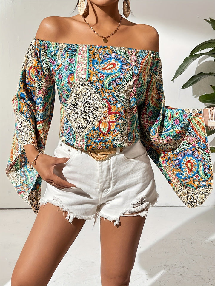 Off-Shoulder Blouse with Geometric Print – Noémie-Green-S-State of Style