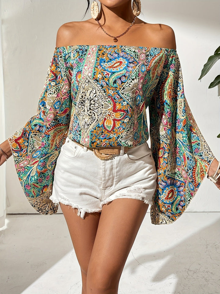 Off-Shoulder Blouse with Geometric Print – Noémie-Yellow/Green-S-State of Style