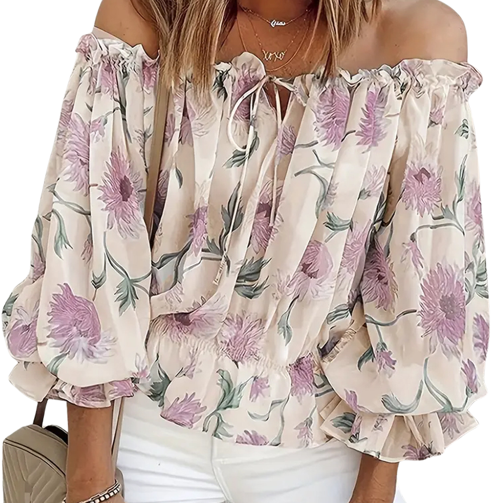 Off-Shoulder Floral Blouse with Ruffles – Fayenne-Beige-S-State of Style