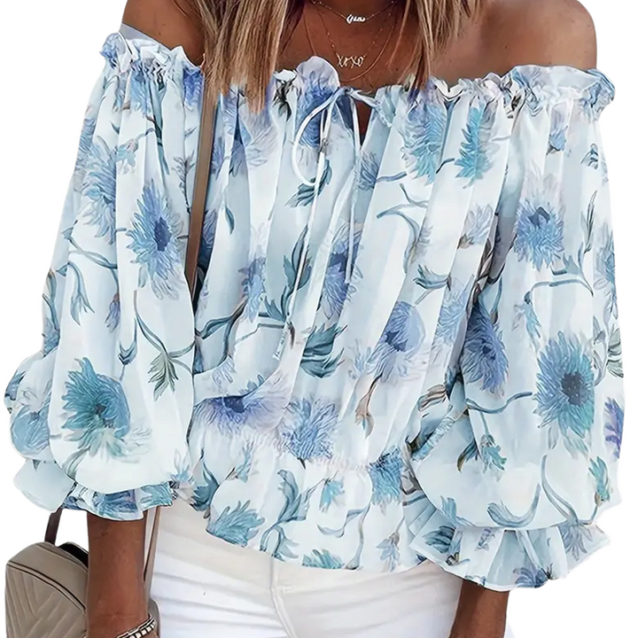 Off-Shoulder Floral Blouse with Ruffles – Fayenne-Blue-S-State of Style