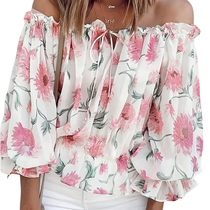 Off-Shoulder Floral Blouse with Ruffles – Fayenne-White-S-State of Style