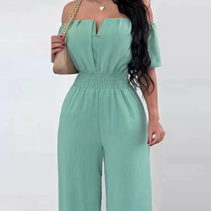 Off-Shoulder Jumpsuit with Short Sleeves – Lina-Light green-S-State of Style