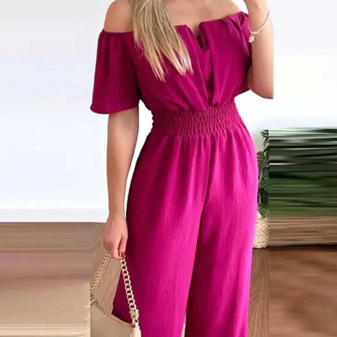 Off-Shoulder Jumpsuit with Short Sleeves – Lina-Pink-S-State of Style