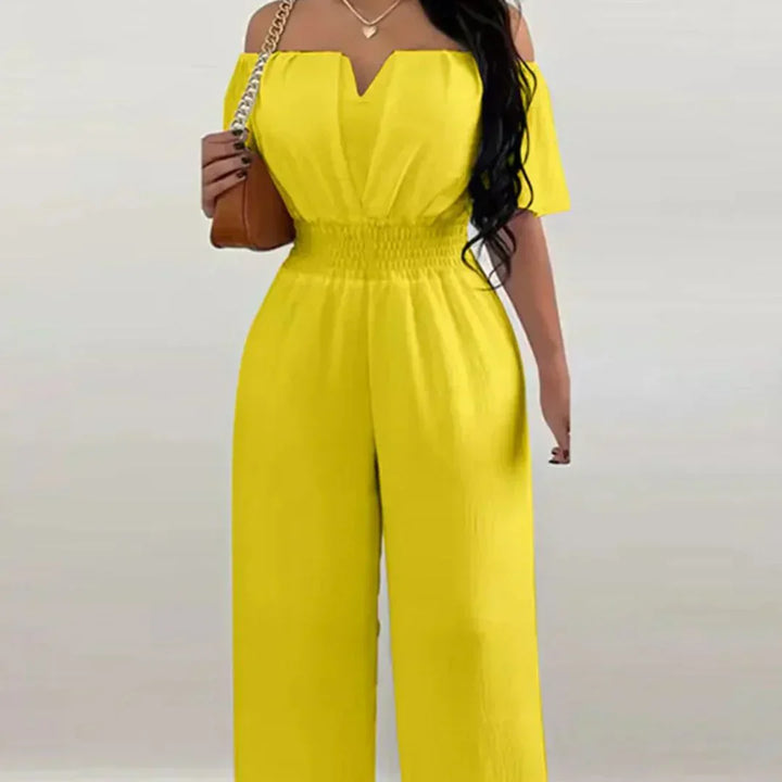 Off-Shoulder Jumpsuit with Short Sleeves – Lina-Yellow-S-State of Style