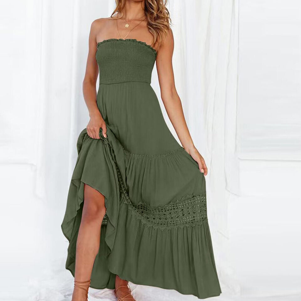 Off-Shoulder Maxi Dress with Lace Details – Isaline-Green-S-State of Style