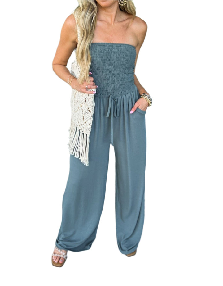 Off-Shoulder Summer Jumpsuit with Wide Legs – Camila-Turquoise-S-State of Style