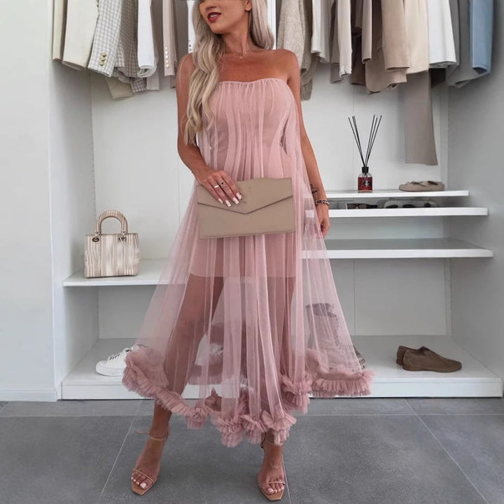 Off-the-shoulder tulle dress with ruffles - Nea-Pink-S-Nora Luxe