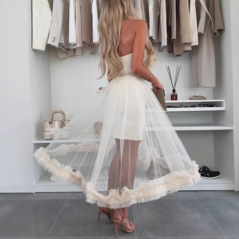 Off-the-shoulder tulle dress with ruffles - Nea-White-S-Nora Luxe