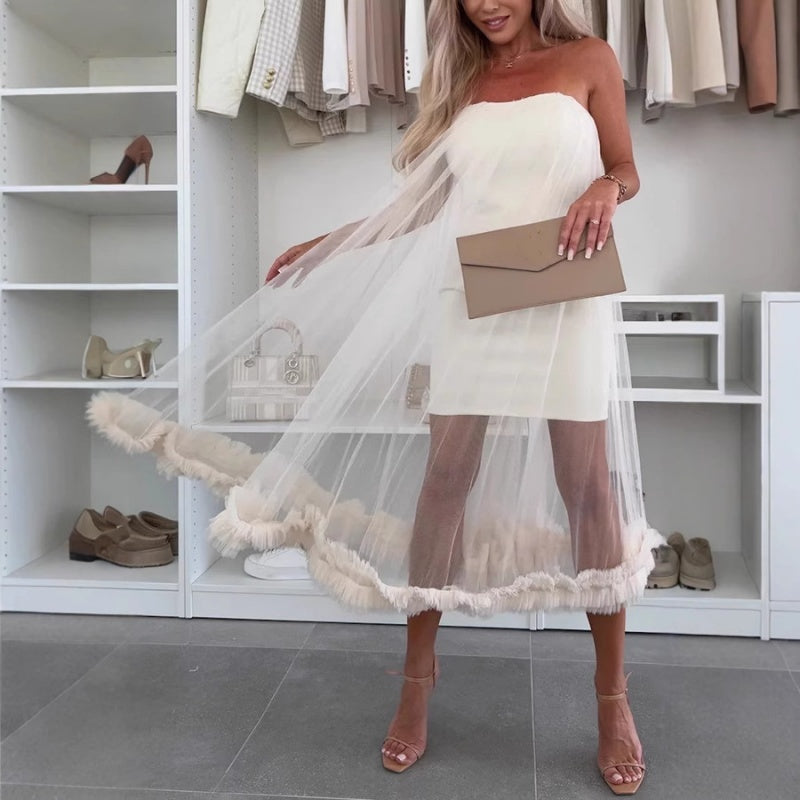 Off-the-shoulder tulle dress with ruffles - Nea-White-S-Nora Luxe