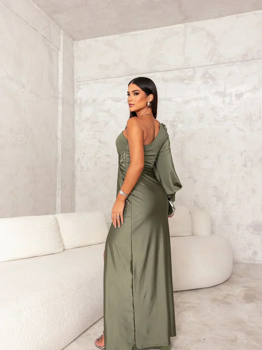 One-Shoulder Evening Dress for a Refined Look - Ravina-Green-S-The Livary