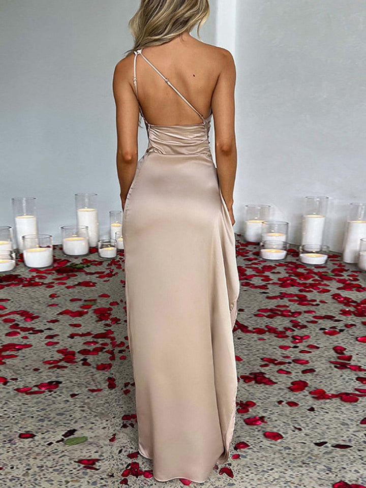 One Shoulder Satin Dress - VelvetGlam-Pink-S-Nora Luxe