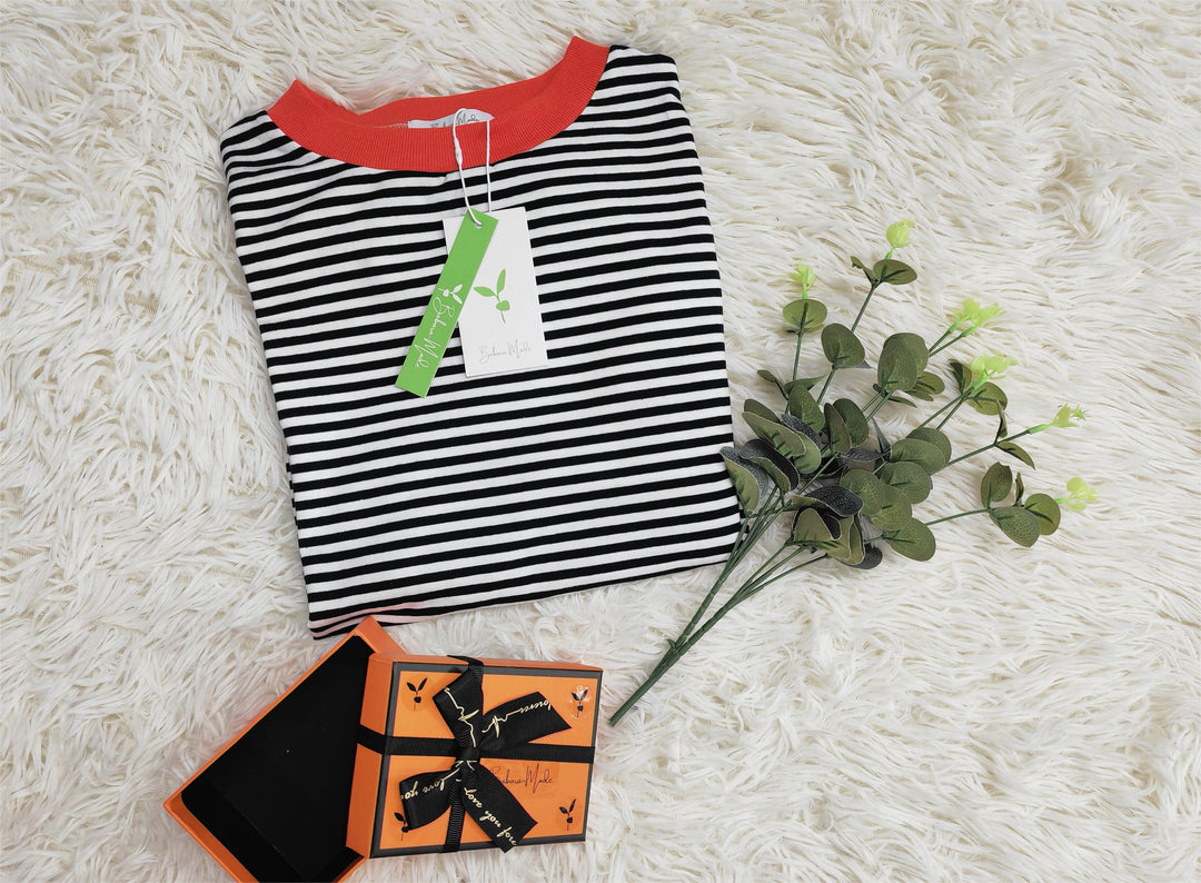 Orange-navy-blue-white striped Long Sleeve - HerbstStreifen-S-Nora Luxe