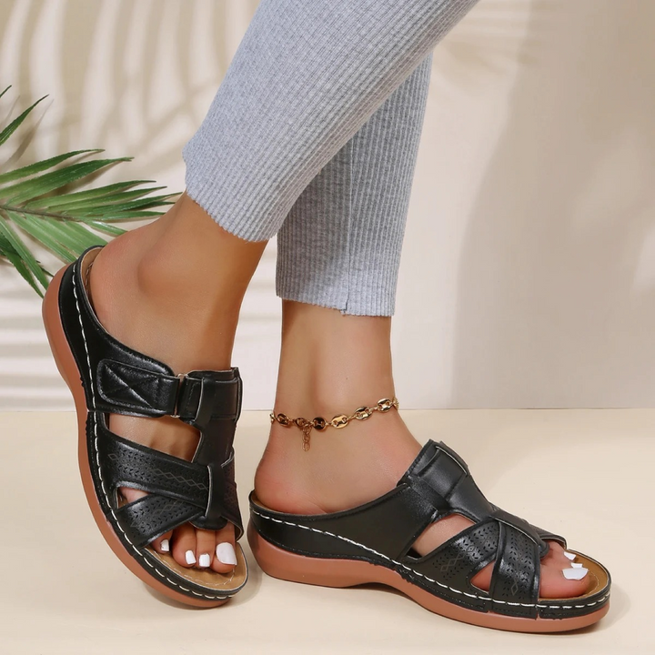 Orthopaedic Leather Ladies Sandal with Open Toe - Solara-Black-2.5-Nora Luxe