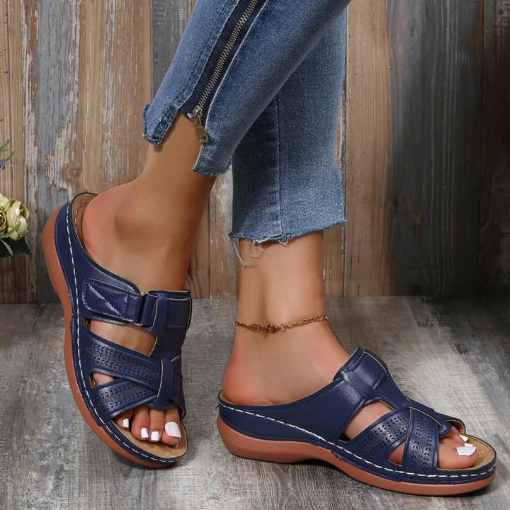 Orthopaedic Leather Ladies Sandal with Open Toe - Solara-Dark blue-2.5-Nora Luxe