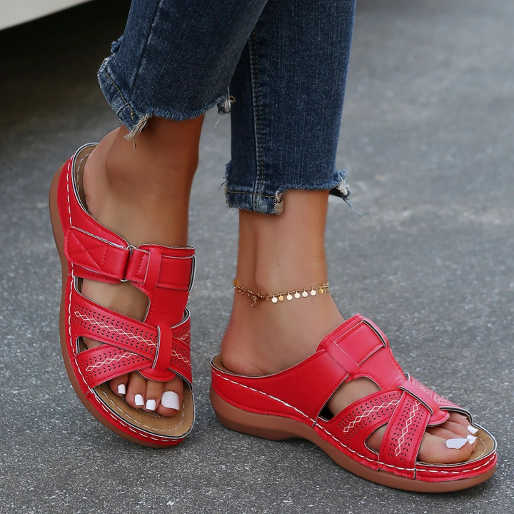 Orthopaedic Leather Ladies Sandal with Open Toe - Solara-Red-2.5-Nora Luxe