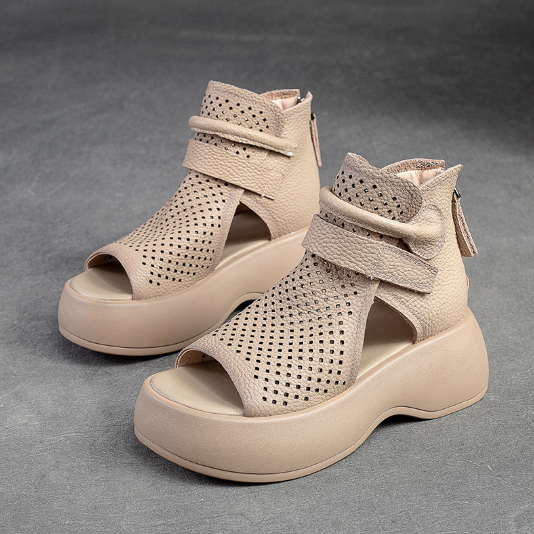 Orthopaedic leather sandals for women with shock-absorbing sole – Meike-Beige-2.5-Nora Luxe