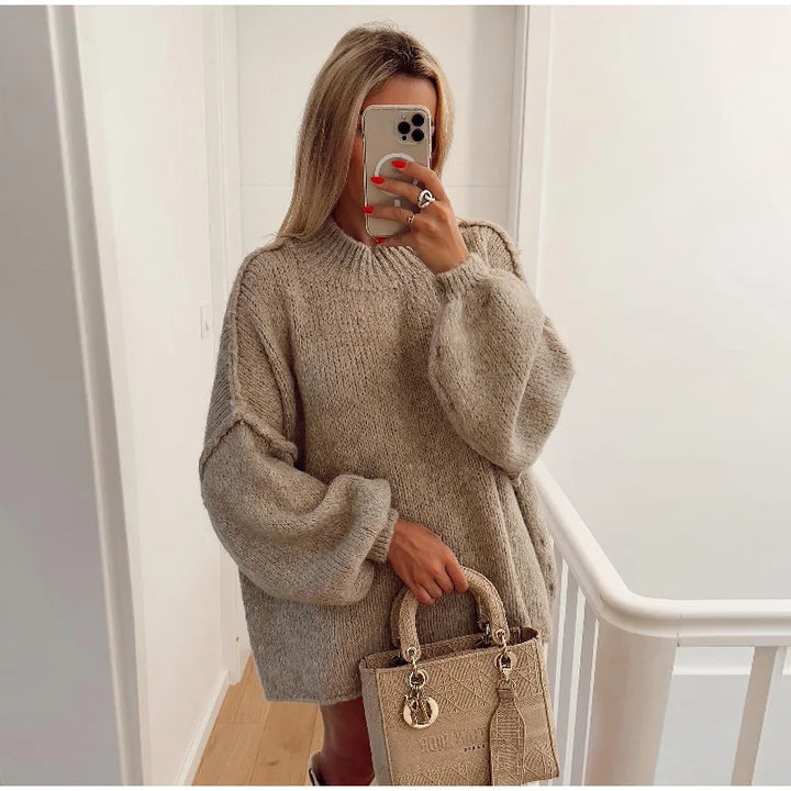 Oversized Knitted Women's Sweater - Mia-Khaki-S-Nora Luxe