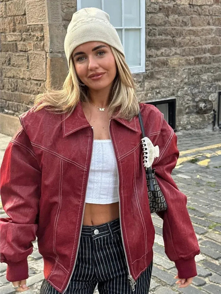 Oversized Leather Women's Jacket – Noor-Red-S-The Livary