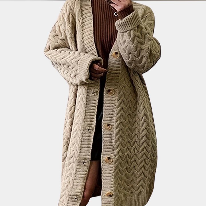 Oversized Long Knitted Women's Cardigan - Noémie-Khaki-XS-Nora Luxe