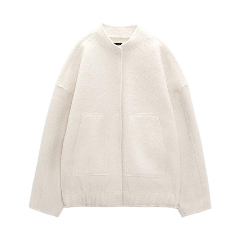 Oversized Wool Coat with Round Neck and Buttons - Selena-Beige-S-Nora Luxe