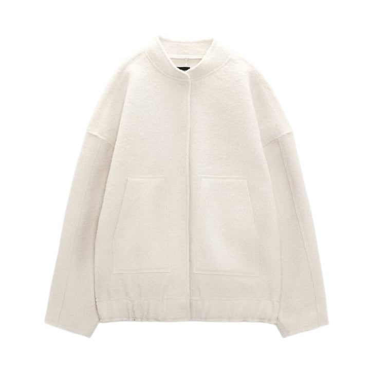 Oversized Wool Coat with Round Neck and Buttons - Selena-Beige-S-Nora Luxe