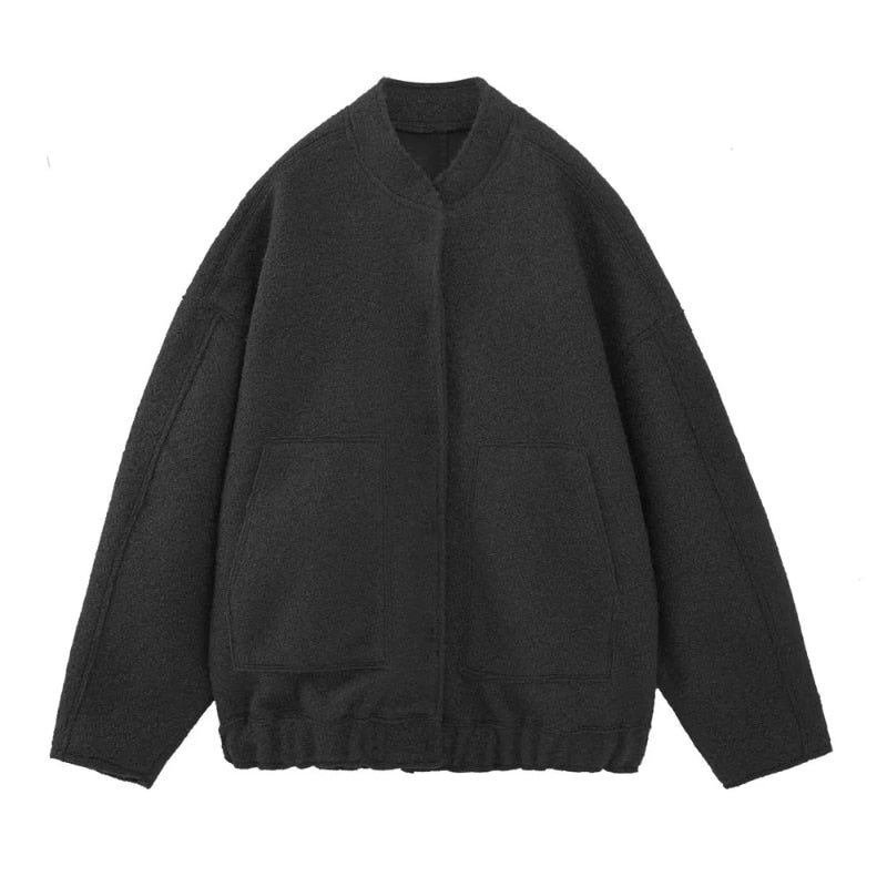 Oversized Wool Coat with Round Neck and Buttons - Selena-Black-S-Nora Luxe
