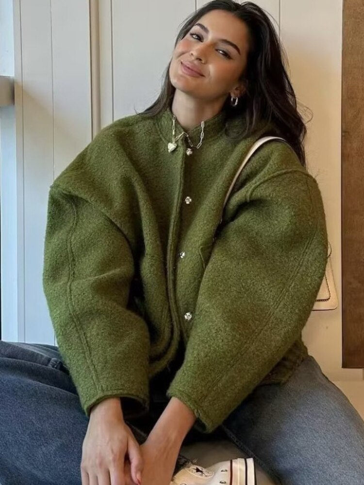 Oversized Wool Coat with Round Neck and Buttons - Selena-Camel-S-Nora Luxe