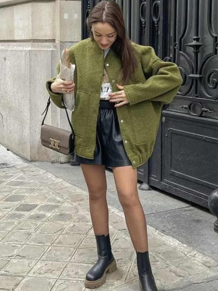 Oversized Wool Coat with Round Neck and Buttons - Selena-Camel-S-Nora Luxe