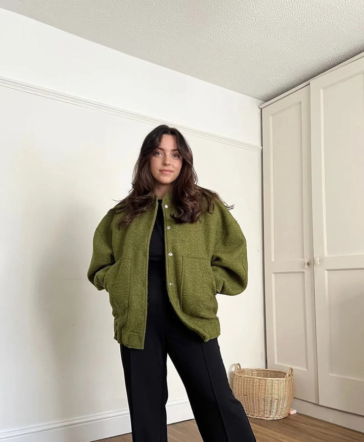Oversized Wool Coat with Round Neck and Buttons - Selena-Camel-S-Nora Luxe