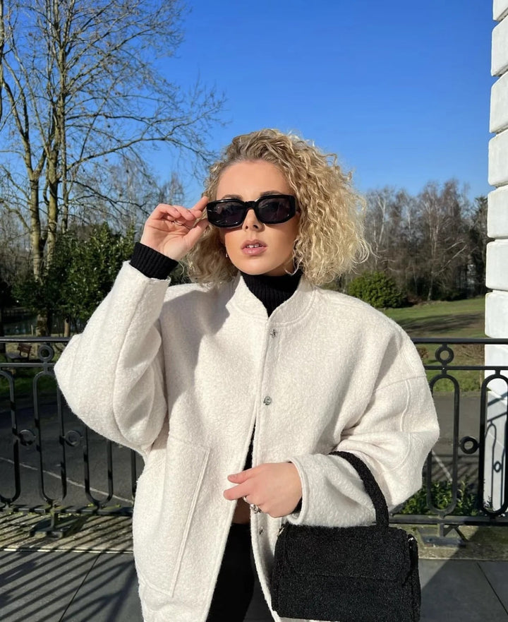 Oversized Wool Coat with Round Neck and Buttons - Selena-Camel-S-Nora Luxe